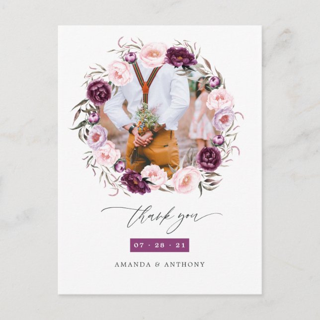 Deep Velvet & Blush Pink Floral Wedding Thank You Postcard (Front)