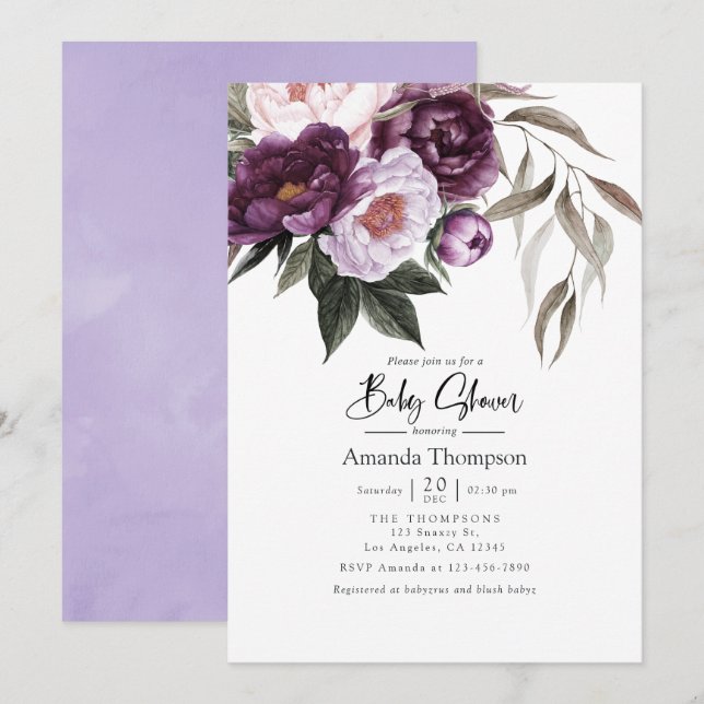 Deep Velvet Floral Baby Shower Invitation (Front/Back)