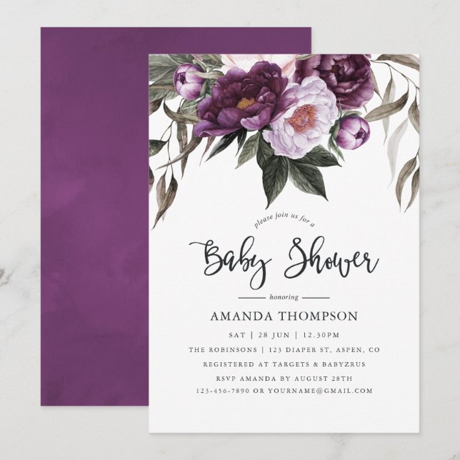 Deep Velvet Floral Baby Shower Invitation (Front/Back)