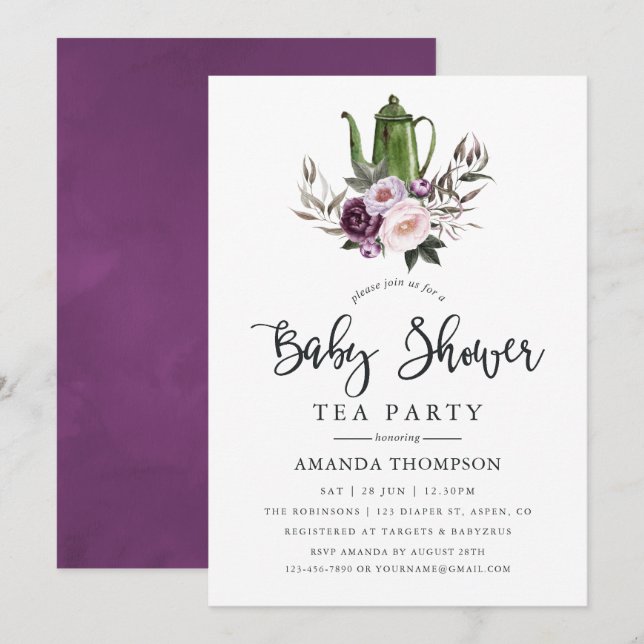 Deep Velvet Floral Baby Shower Tea Party Invitation (Front/Back)