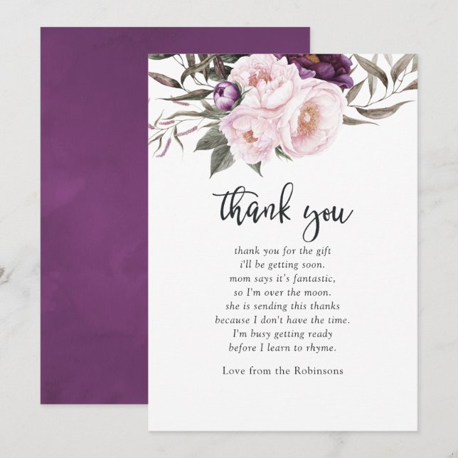 Deep Velvet Floral Baby Shower Thank You Invitation (Front/Back)