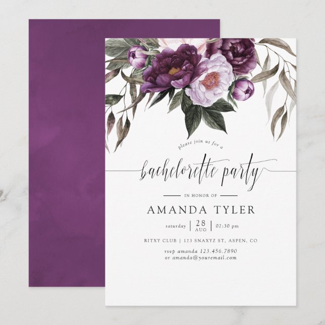 Deep Velvet Floral Bachelorette Party Invitation (Front/Back)