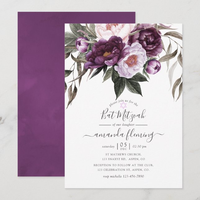 Deep Velvet Floral Bat Mitzvah Invitation (Front/Back)