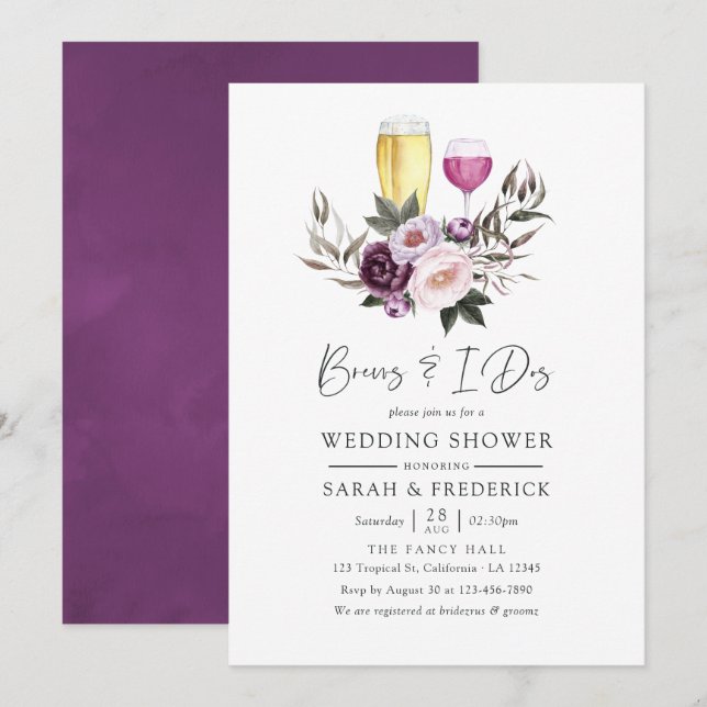 Deep Velvet Floral Brews Before The I Dos Invitation (Front/Back)