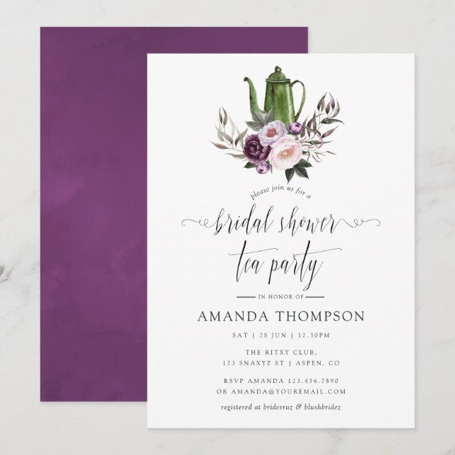 Deep Velvet Floral Bridal Shower Tea Party Invitation (Front/Back)
