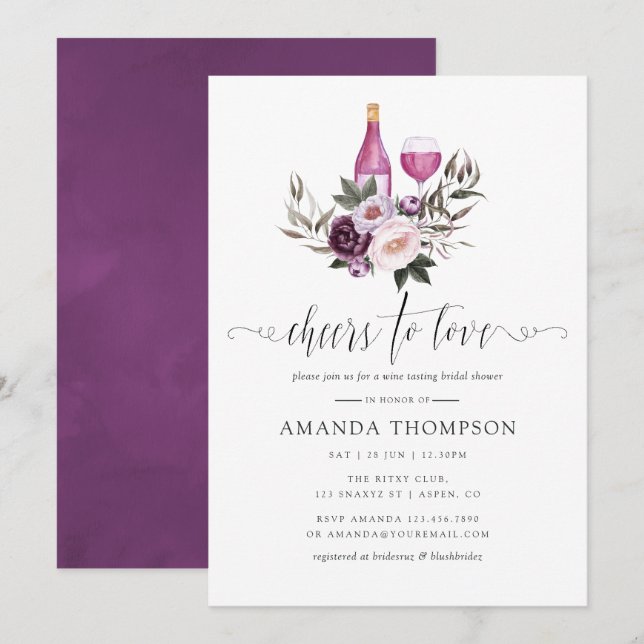 Deep Velvet Floral Bridal Shower Wine Tasting Invitation (Front/Back)