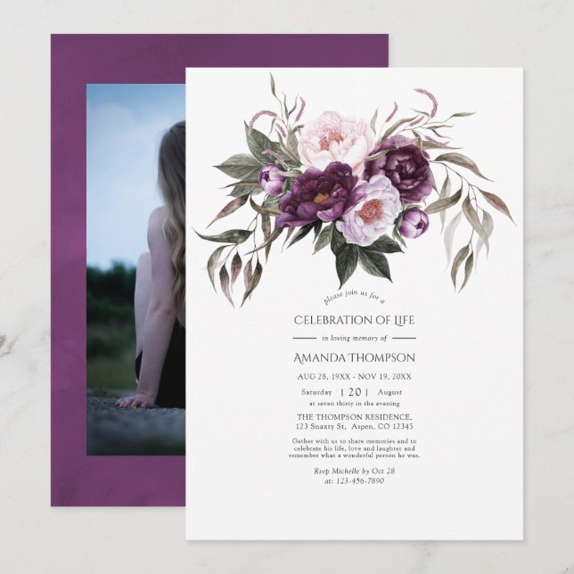 Deep Velvet Floral Celebration of Life Photo Invit Invitation (Front/Back)