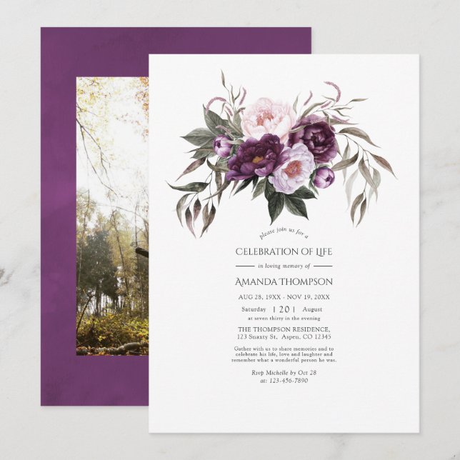 Deep Velvet Floral Celebration of Life Photo Invitation (Front/Back)