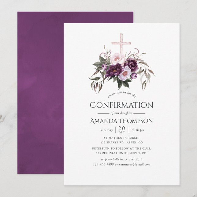 Deep Velvet Floral Confirmation Invitation (Front/Back)