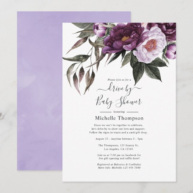 Deep Velvet Floral Drive By Bridal or Baby Shower Invitation (Front/Back)