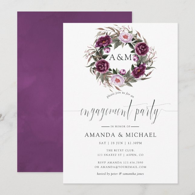 Deep Velvet Floral Monogram Engagement Party Invitation (Front/Back)