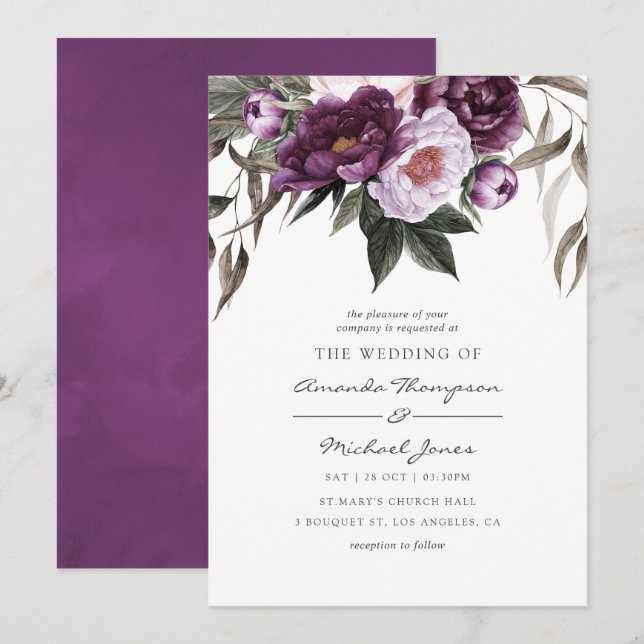 Deep Velvet Floral Wedding Invitation (Front/Back)