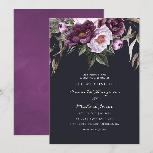 Deep Velvet Floral Wedding Invitation (Front/Back)