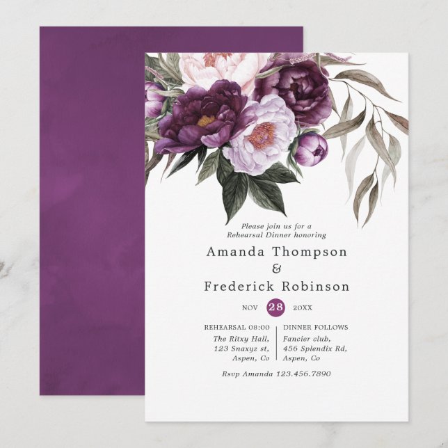 Deep Velvet Floral Wedding Rehearsal Dinner Invitation (Front/Back)