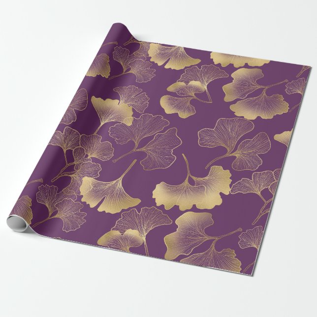 Deep Violet Gold Ginkgo Botanical Wrapping Paper (Unrolled)