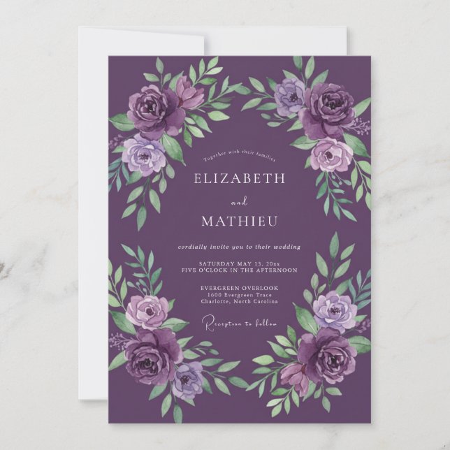 Deep Violet Petal Wedding Invitation (Front)