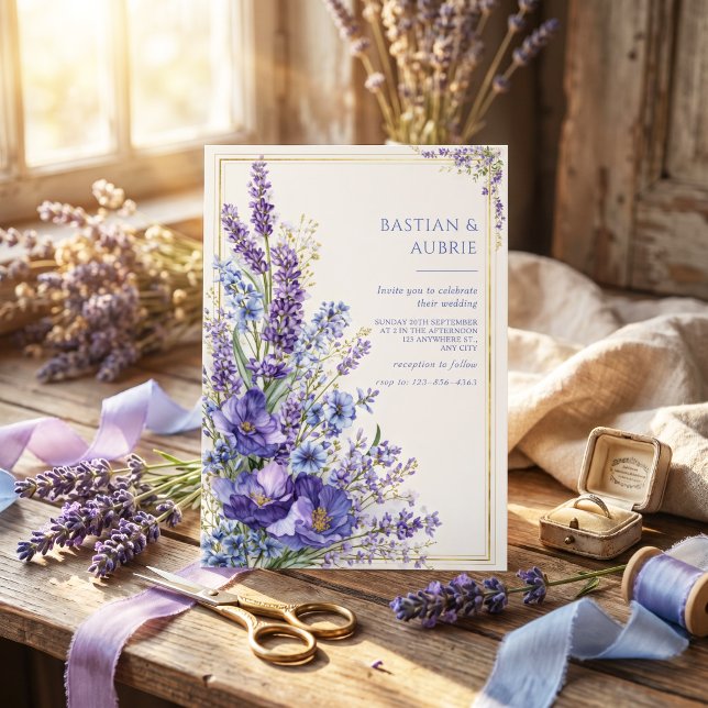 Deep Violet Poppy Romantic Botanical Gold Frame Invitation (Creator Uploaded)