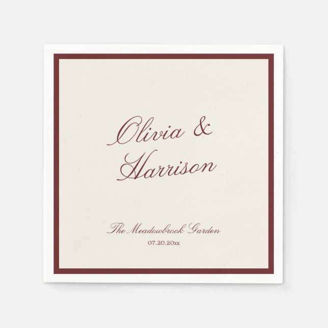 Deep Wine Classic Calligraphy Old Money Wedding Napkin (Front)
