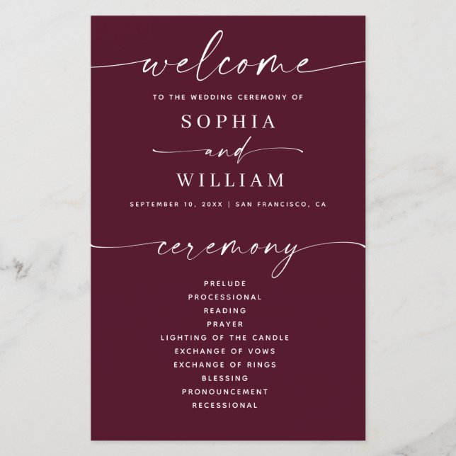 Deep Wine Red Fall Wedding | Burgundy Plum Program (Front)