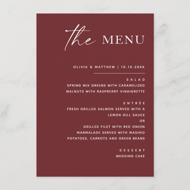 Deep Wine Red Fall Wedding | Elegant Modern Moody Menu (Front)