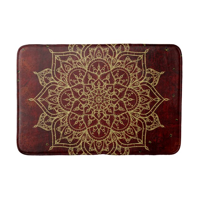 Deep Wine Red Mandala & Gold Glam Modern Chic Bath Mat (Front)