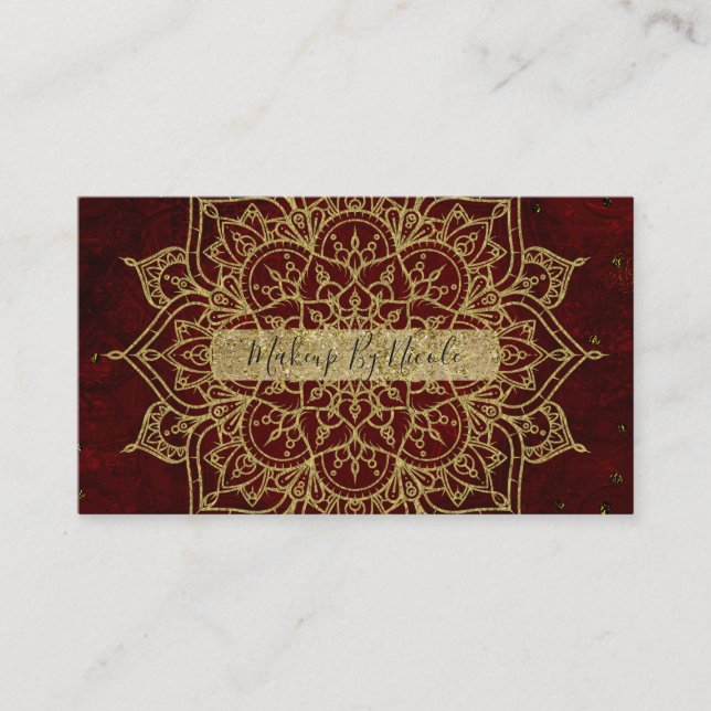 Deep Wine Red Mandala & Gold Glam Modern Chic Business Card (Front)