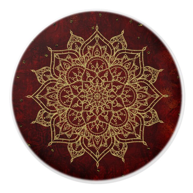 Deep Wine Red Mandala & Gold Glam Modern Chic Ceramic Knob (Front)