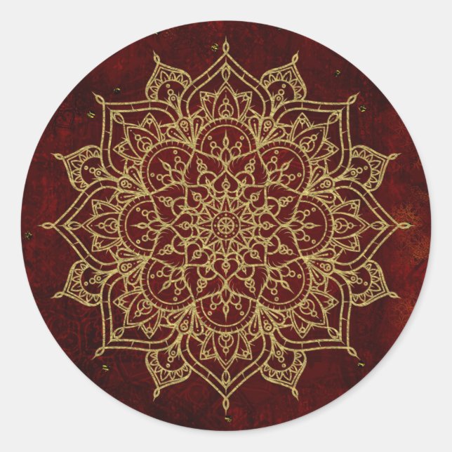 Deep Wine Red Mandala & Gold Glam Modern Chic Classic Round Sticker (Front)