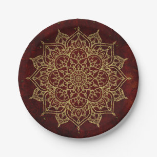 Deep Wine Red Mandala & Gold Glam Modern Chic Paper Plate