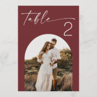 Deep Wine Red Modern Photo Wedding Table Number