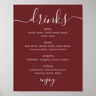 Deep Wine Red Wedding Drinks Menu. Modern Bar Sign