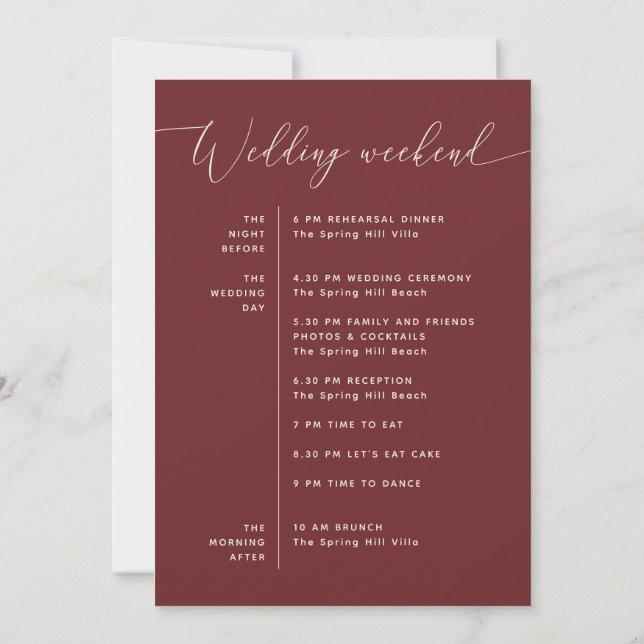 Deep Wine Red Wedding | Romantic Weekend Timeline Invitation (Back)