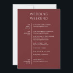 Deep Wine Red Wedding Timeline | Modern Itinerary Invitation<br><div class="desc">This wedding weekend card combines a clear event timeline with a short welcome message, helping guests understand the flow of the celebration from start to finish. The front lays out the full schedule (from the night before to the wedding day and the morning after) so everything is easy to follow...</div>