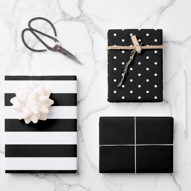 Deepest Black Polka Dot Wide Striped and Solid Wrapping Paper Sheet (Front)