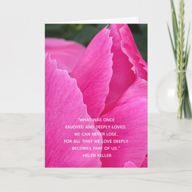 Deepest Sympathies Pink Peony Helen Keller Quote Card (Front)
