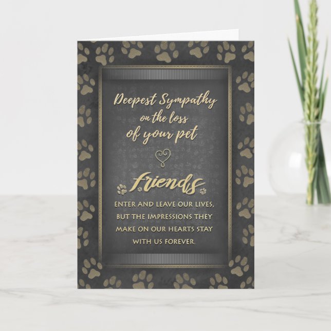 Deepest Sympathy Pet Loss Black & Gold Paw Print Card (Front)
