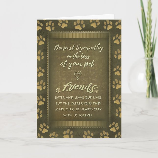 Deepest Sympathy Pet Loss Card Gold Paw Prints (Front)