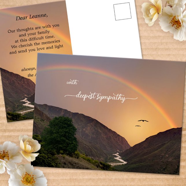 Deepest Sympathy Rainbow Condolences Postcard (Sympathy postcard featuring a mountain scene with a river flowing into the ocean, with a rainbow)