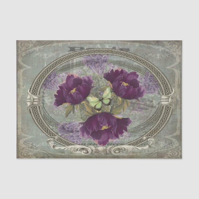 Deeply Rich Large Purple Flowers, Green Butterfly Tissue Paper (Front)