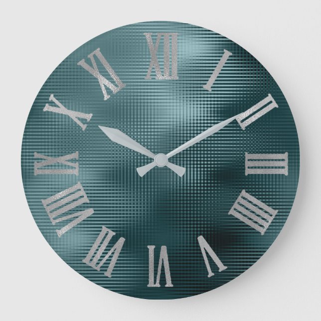 DeepTeal Silver Grey Minimal Metallic Roman Numers Large Clock (Front)