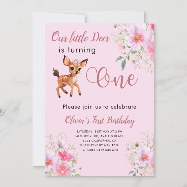 Deer 1st Birthday Cosmo Pink Floral  Invitation (Front)