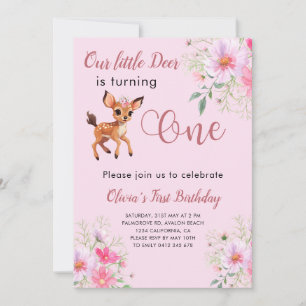 Deer 1st Birthday Cosmo Pink Floral  Invitation