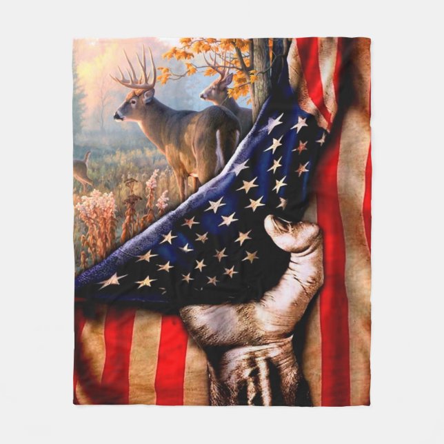Deer American Flag Blanket, Fleece Blanket (Front)