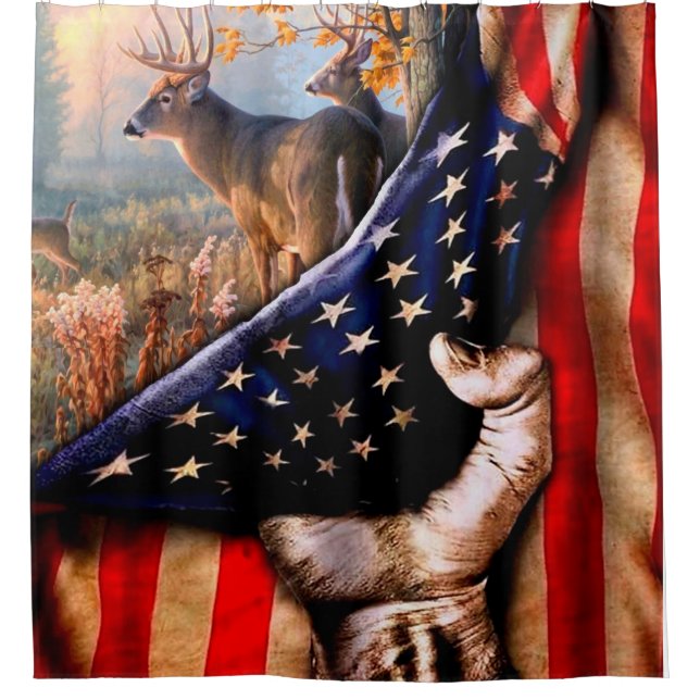 Deer American Flag Blanket, Shower Curtain (Front)
