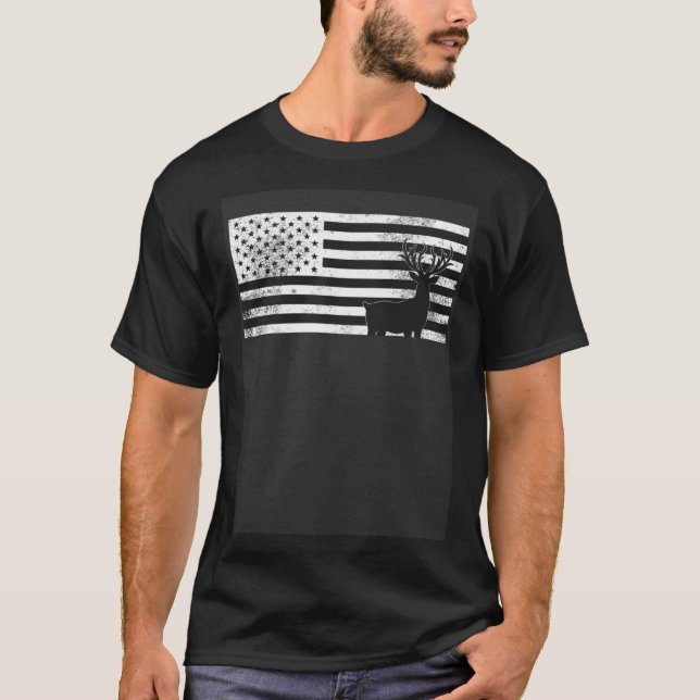 Deer American USA Flag Man Dad Hunter Camouflage H T-Shirt (Front)
