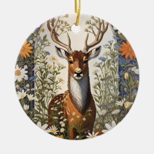Deer Amid Daisy Flowers  Ceramic Tree Decoration