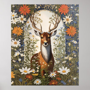 Deer Amid Daisy Flowers  Poster
