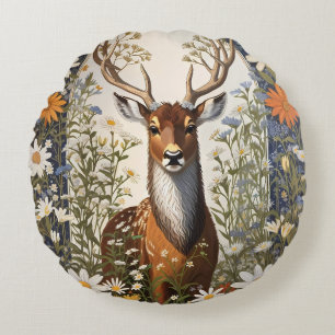 Deer Amid Daisy Flowers  Round Cushion