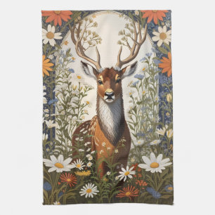 Deer Amid Daisy Flowers  Tea Towel