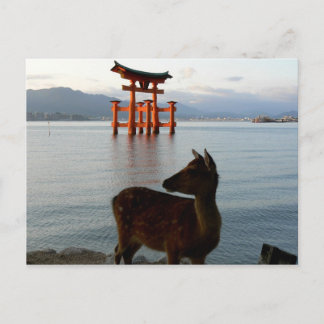 Deer and Big Red Gate at Miyajima in Japan Postcard